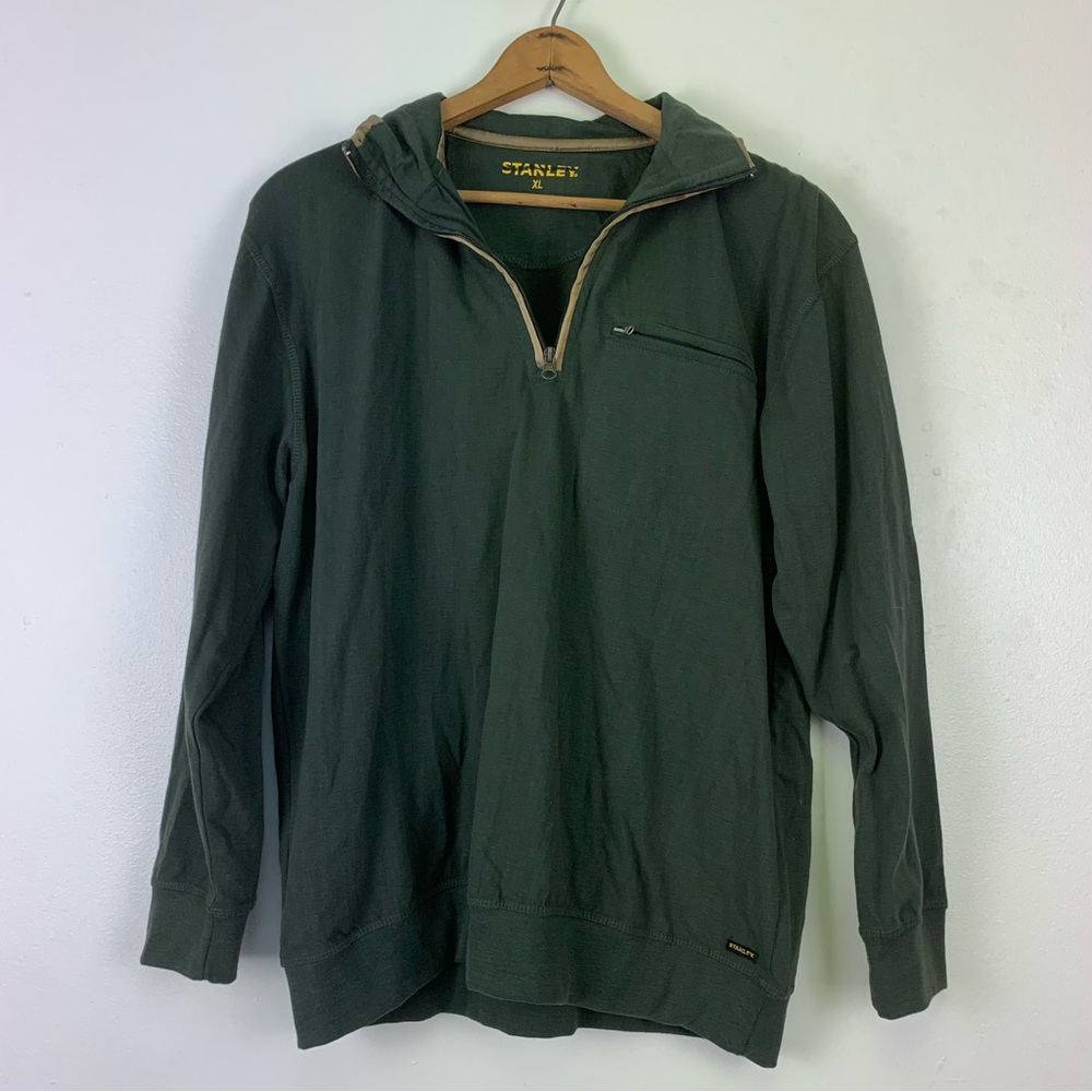 Stanley Sweater Men's XL Sueded‎ Trim 1/4 Zip Pullover Olive Green Zip Pocket